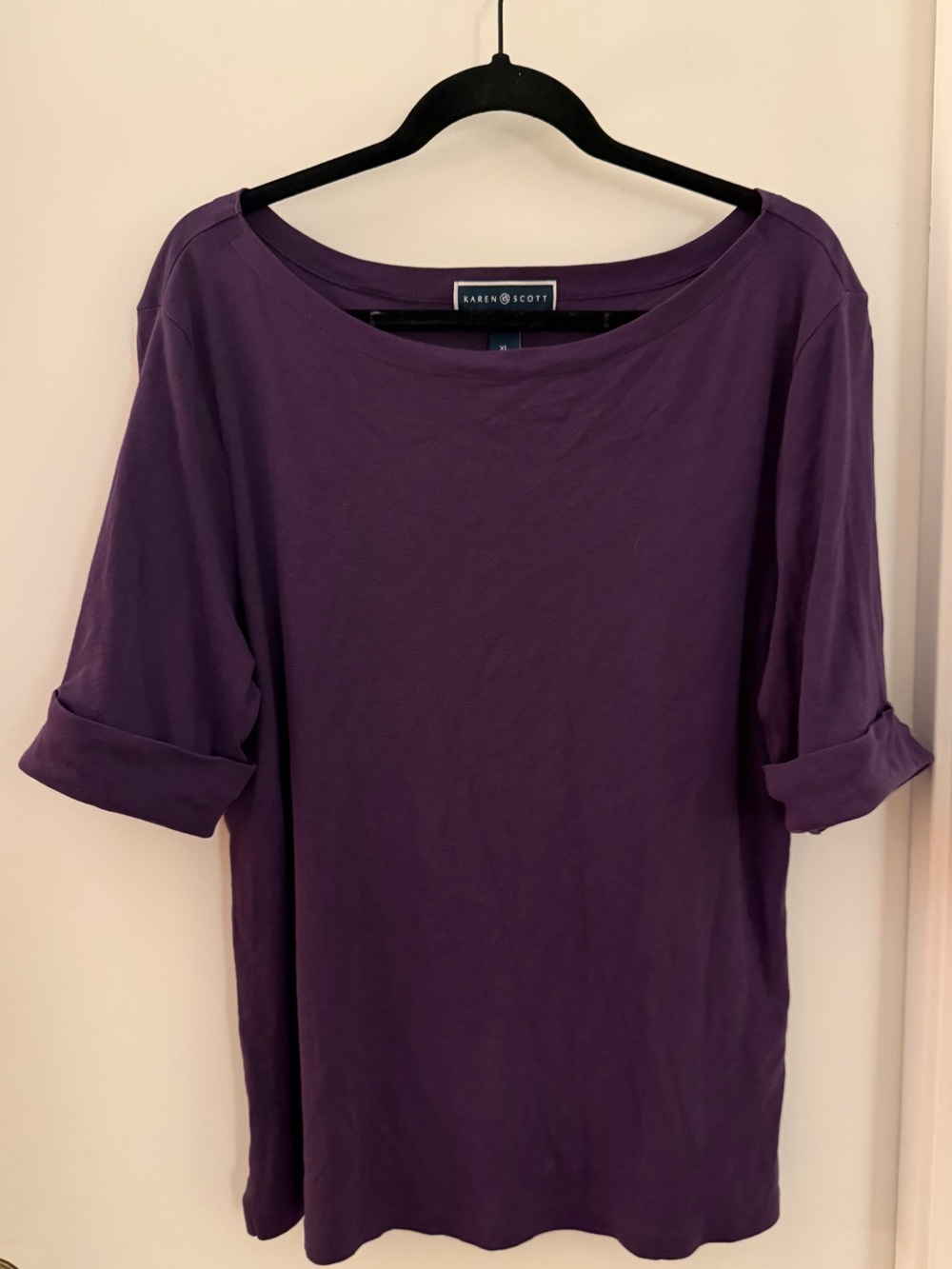 Karen Scott Purple Boat Neck Top with Cuffed Half Sleeves Size XL